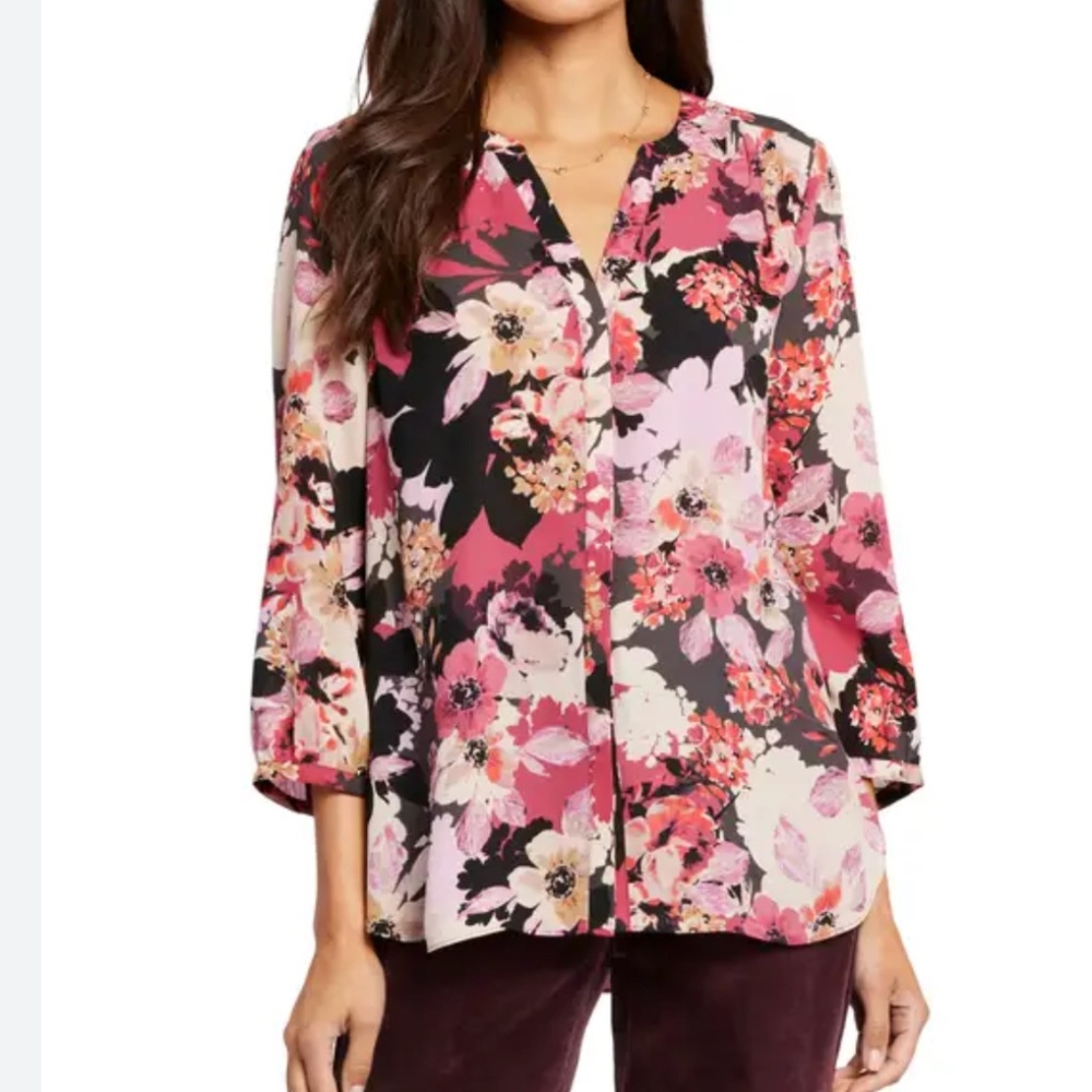 NYDJ Pintuck Blouse Nordstrom XL Pink/Black Floral